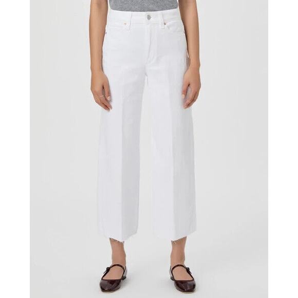 NWT Paige Women's Crisp White Anessa Wide Leg Raw Hem Ankle Jeans Petite Size 32 - Picture 1 of 16